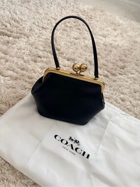 Coach Black Leather Kiss-Lock Wristlet with Gold Frame